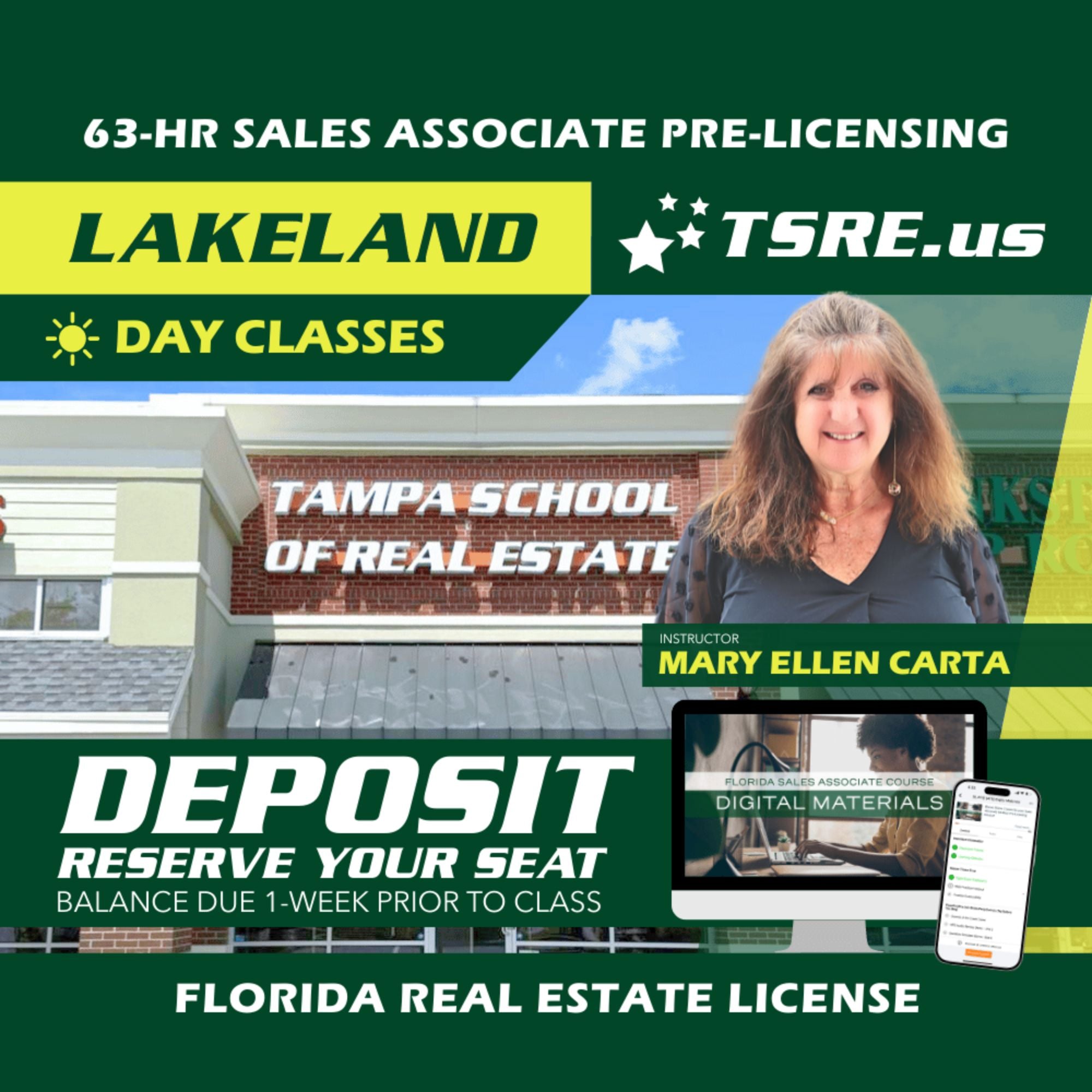 Lakeland | Feb 2 9:30am | 63-HR FL Real Estate Classes SLPRE TSRE Lakeland | Tampa School of Real Estate Deposit - Balance Due Prior to Class