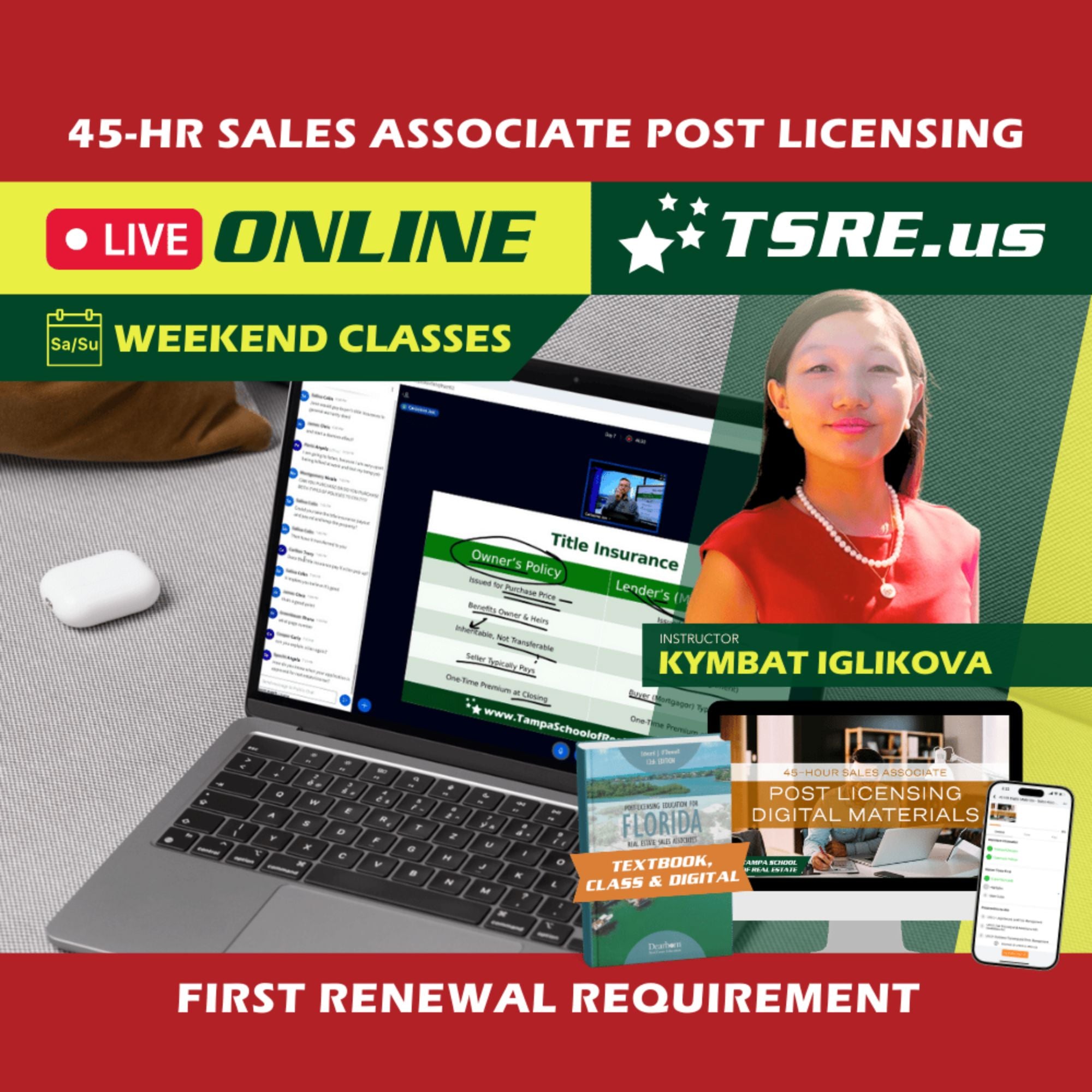 LIVE Online | Aug 29 8:30am | 45-HR FL Post Licensing Course SLPOST TSRE LIVE Online | Tampa School of Real Estate Full Tuition