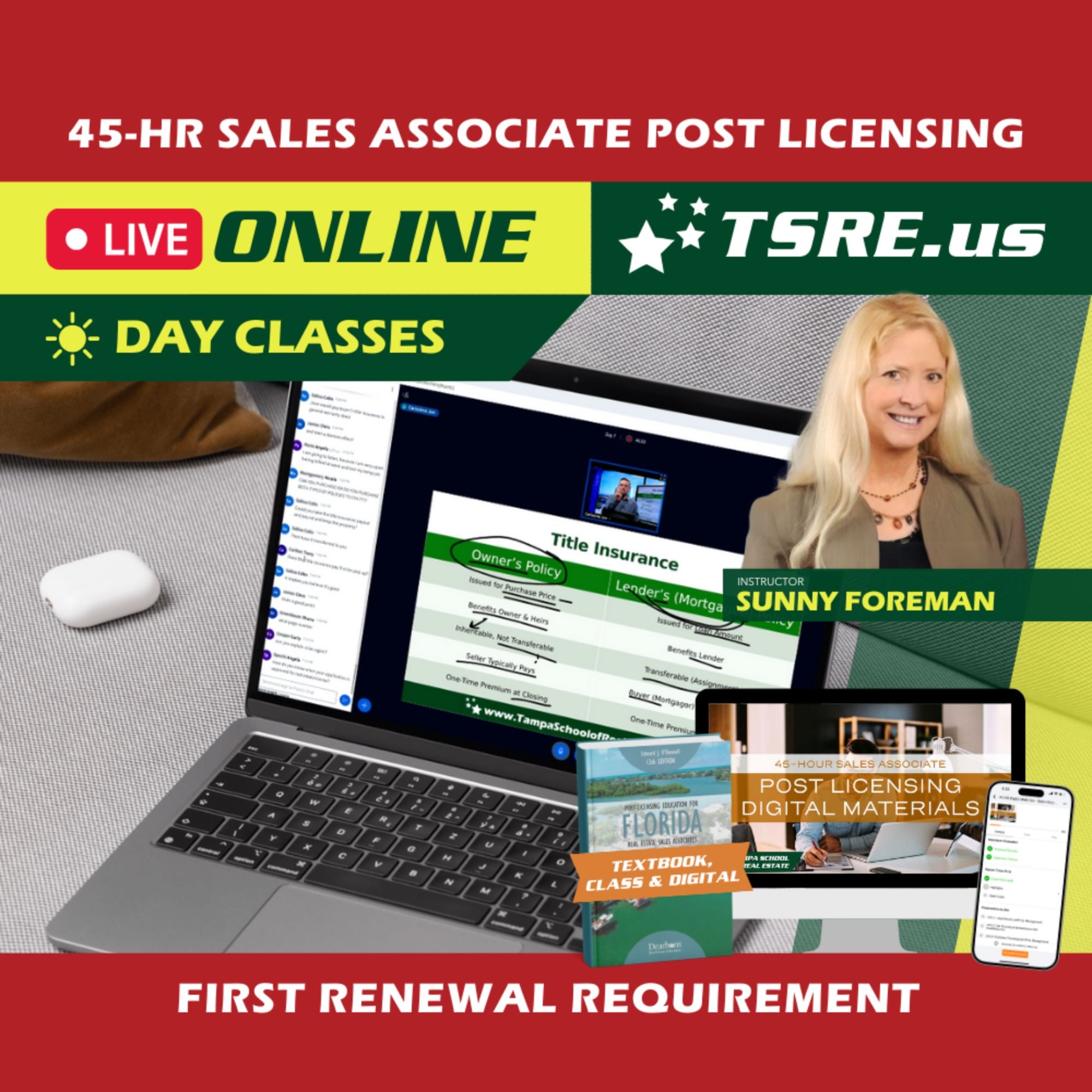 LIVE Online | Aug 31 9:00am | 45-HR FL Post Licensing Course SLPOST TSRE LIVE Online | Tampa School of Real Estate Full Tuition
