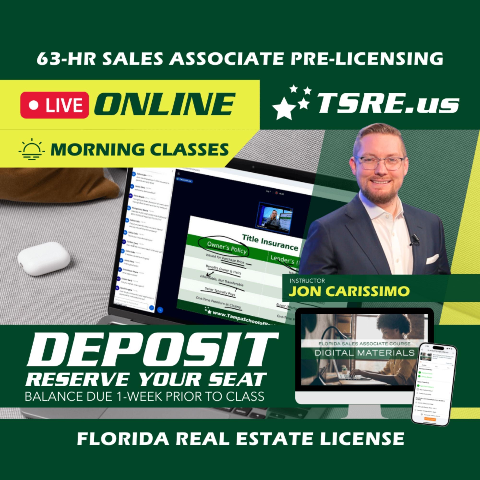 LIVE Online | Dec 1 9:15am | 63-HR FL Real Estate Classes SLPRE TSRE LIVE Online | Tampa School of Real Estate Deposit - Balance Due Prior to Class