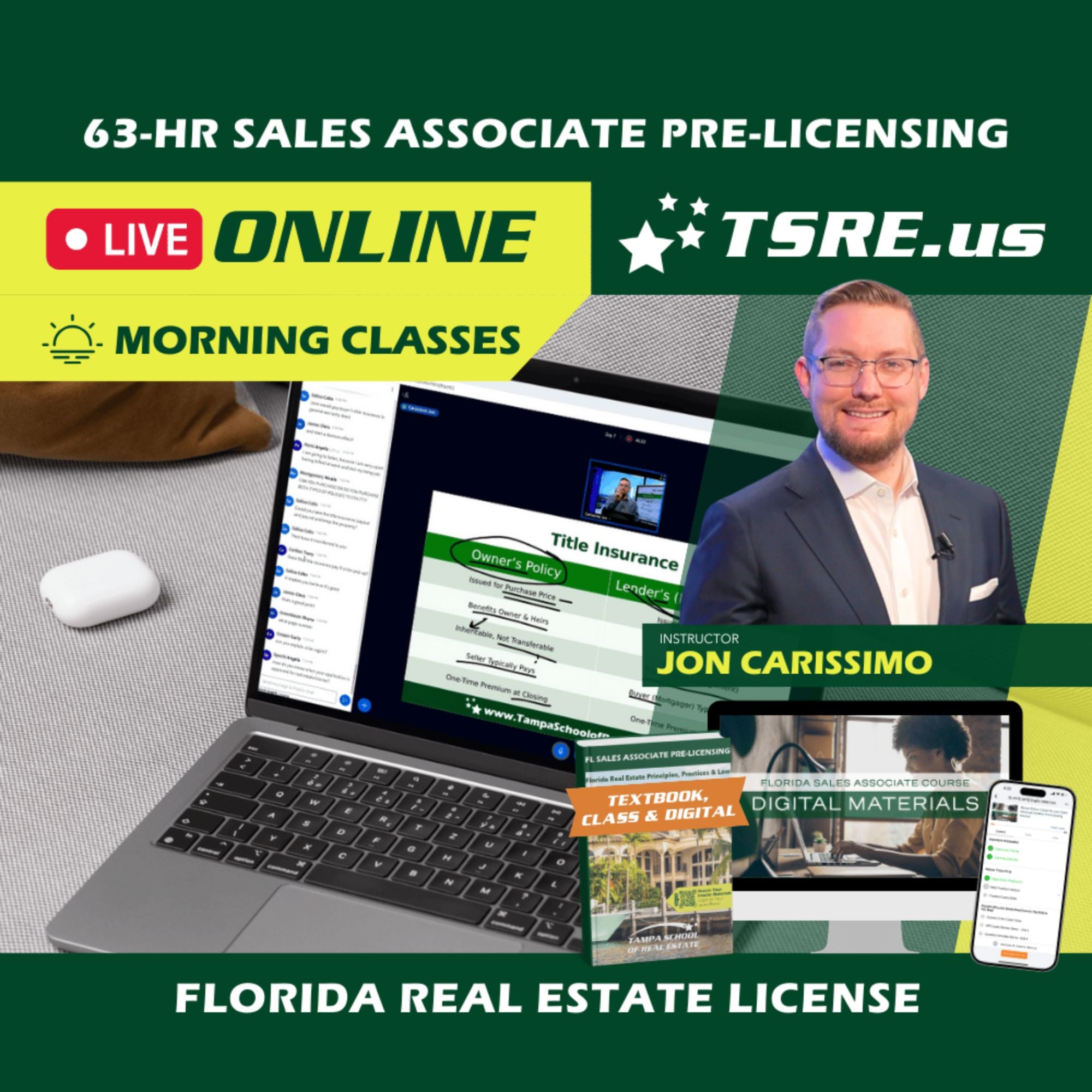 LIVE Online | Dec 1 9:15am | 63-HR FL Real Estate Classes SLPRE TSRE LIVE Online | Tampa School of Real Estate Full Tuition