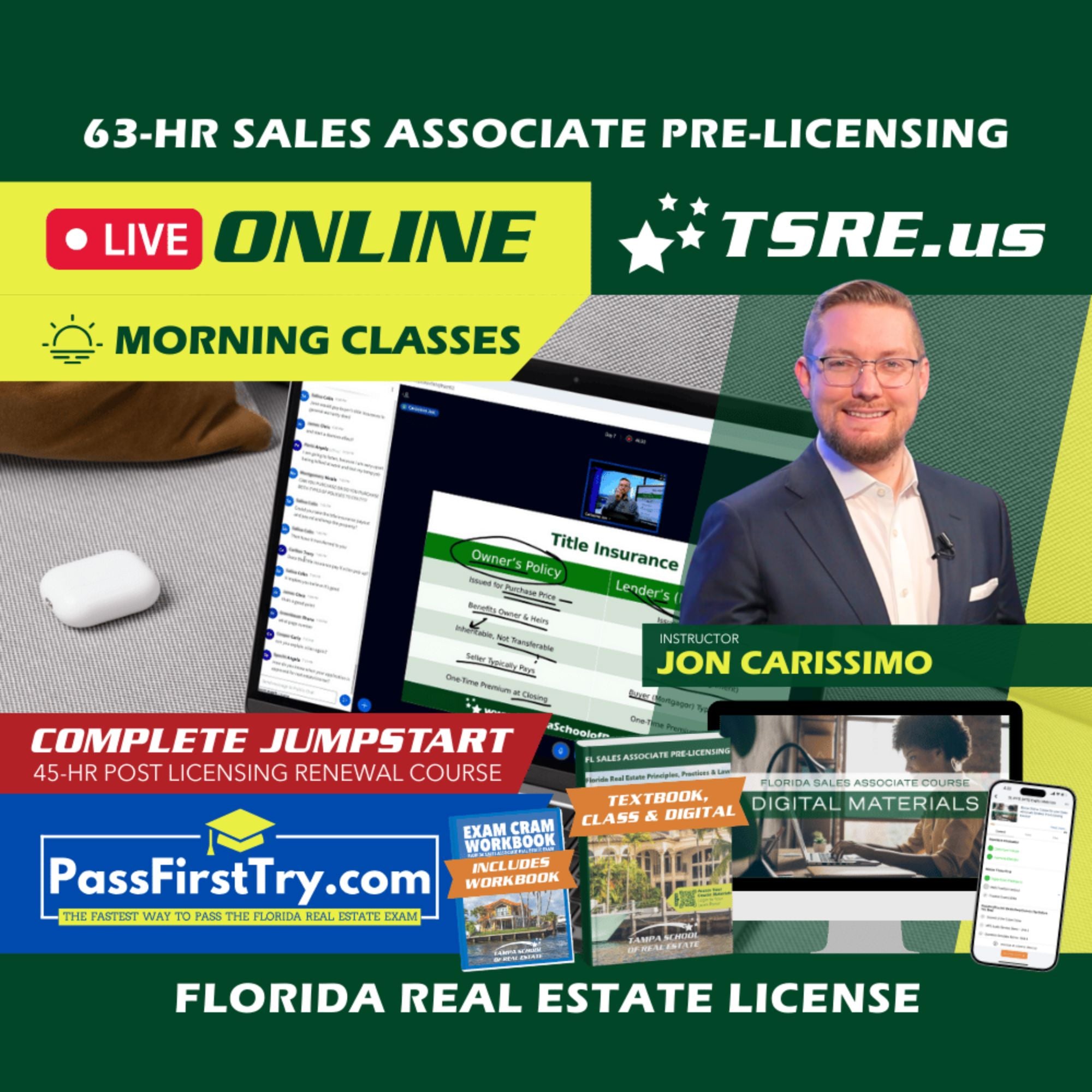 LIVE Online | Dec 1 9:15am | 63-HR FL Real Estate Classes SLPRE TSRE LIVE Online | Tampa School of Real Estate + Jumpstart: PassFirstTry & 45-HR Post Licensing