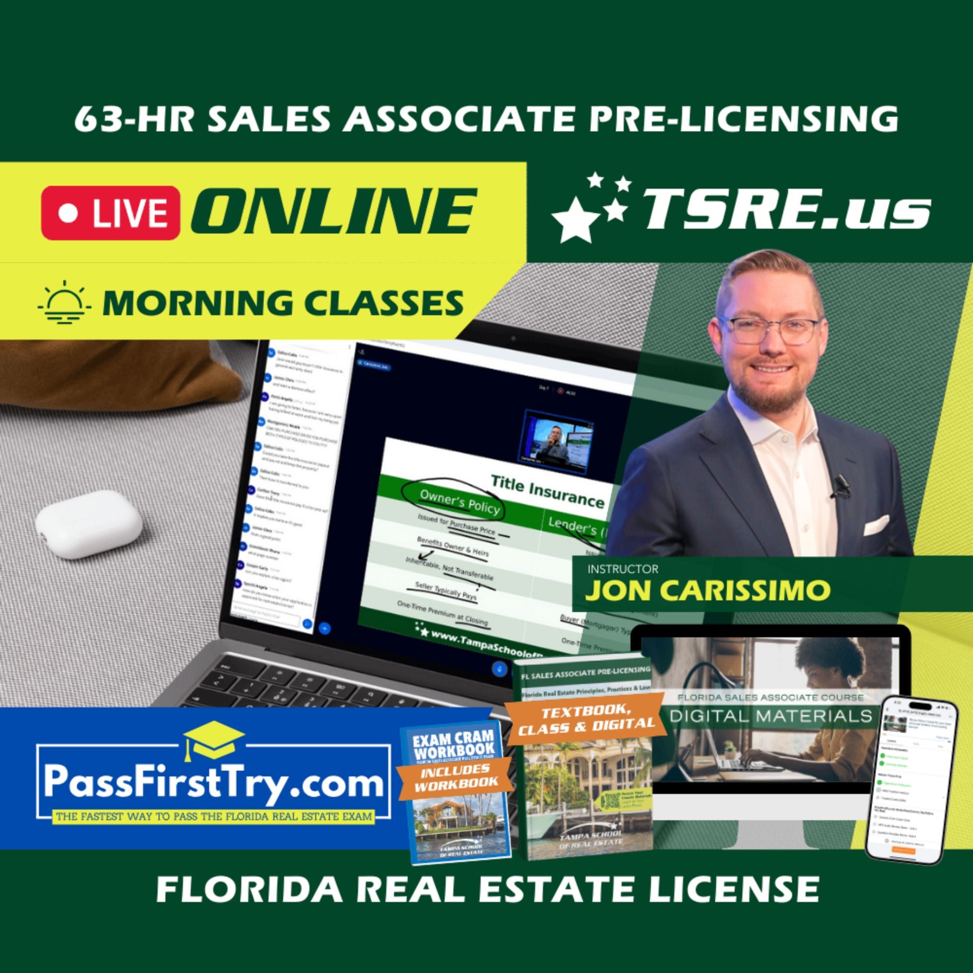LIVE Online | Dec 1 9:15am | 63-HR FL Real Estate Classes SLPRE TSRE LIVE Online | Tampa School of Real Estate + PassFirstTry.com Study Tools