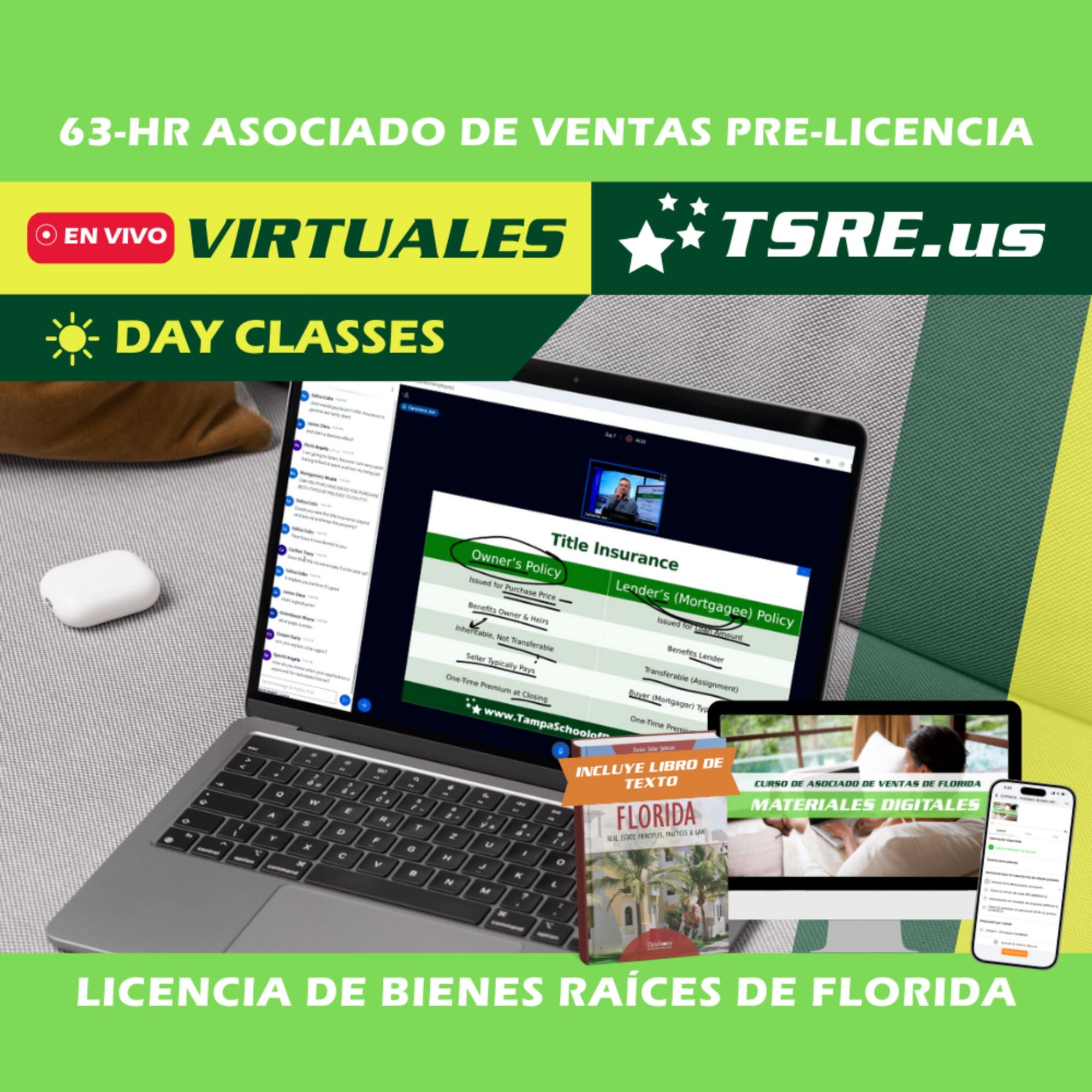 LIVE Online | Jun 15 9:30am | 63-HR FL Clases de Bienes Raices ESLPRE TSRE LIVE Online | Tampa School of Real Estate