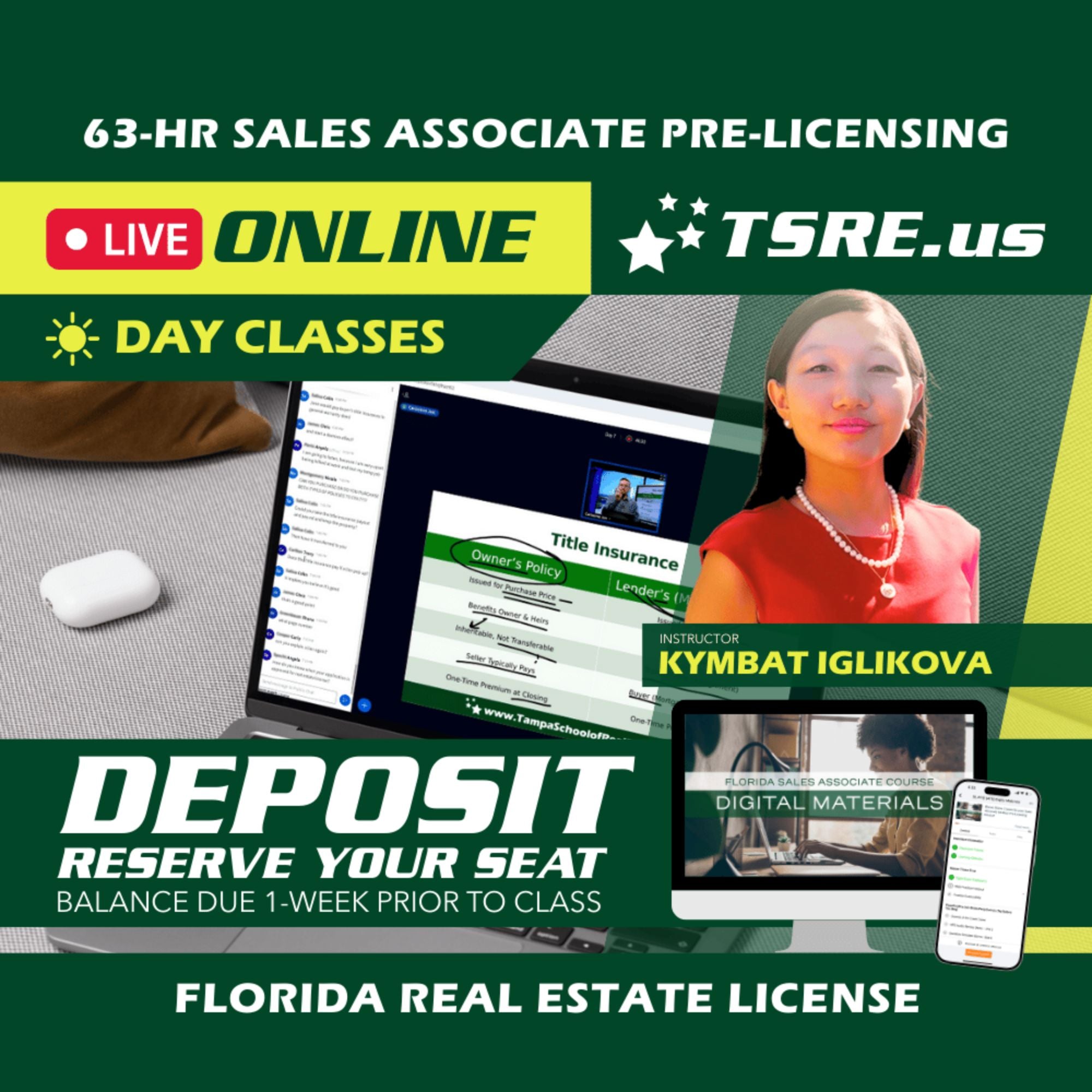 LIVE Online | May 18 8:30am | 63-HR FL Real Estate Classes SLPRE TSRE LIVE Online | Tampa School of Real Estate Deposit - Balance Due Prior to Class