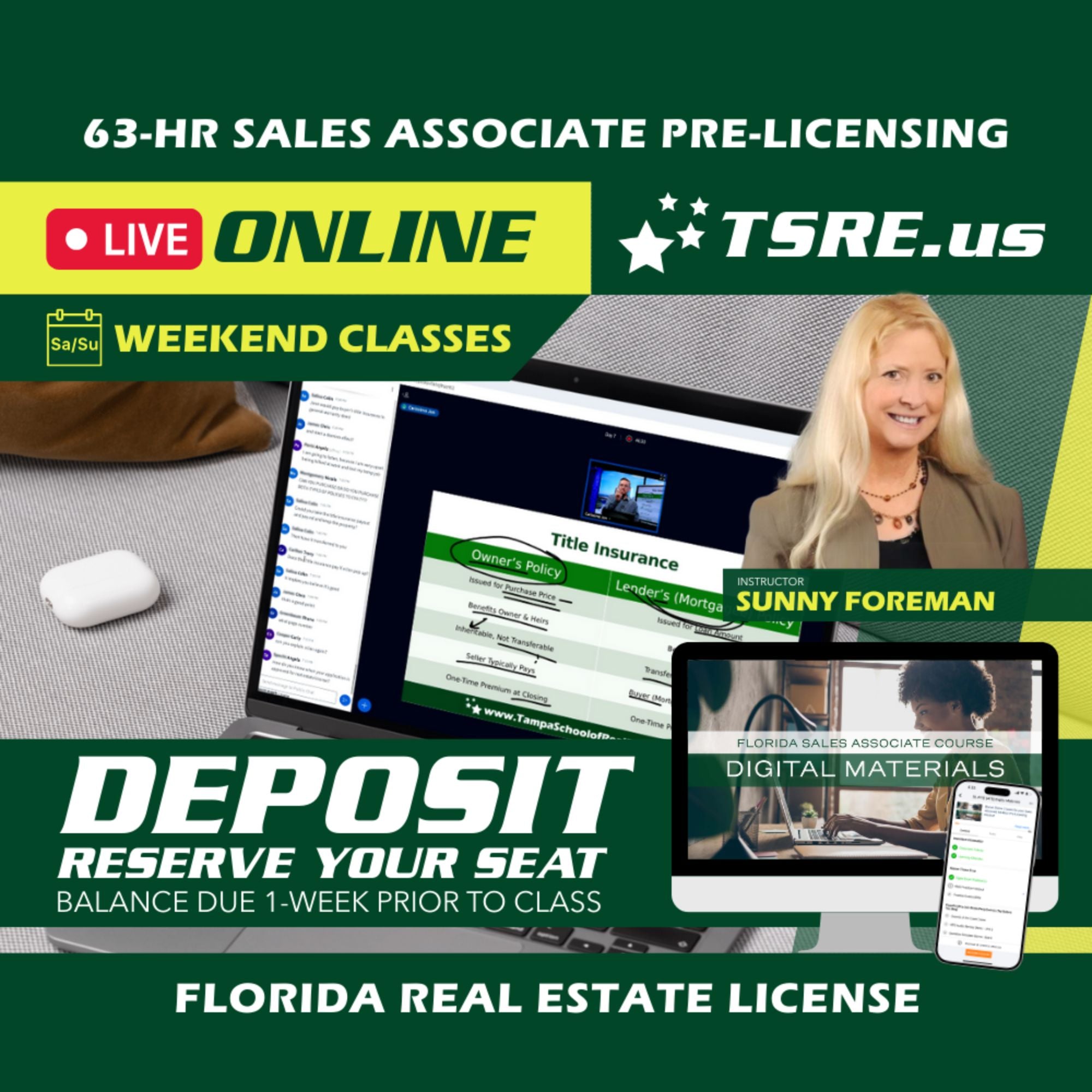 LIVE Online | Sep 26 9:00am | 63-HR FL Real Estate Classes SLPRE TSRE LIVE Online | Tampa School of Real Estate Deposit - Balance Due Prior to Class