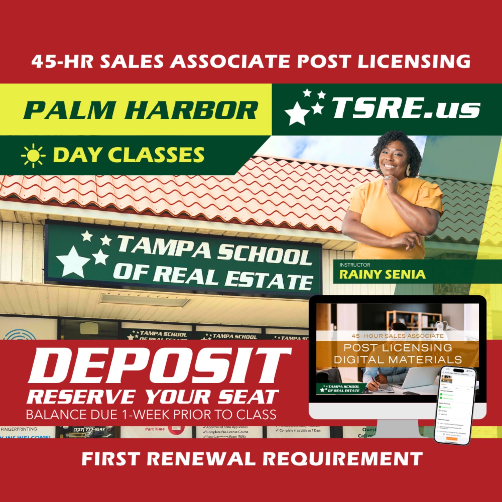 Palm Harbor | Mar 9 8:30am | 45-HR FL Post Licensing Course SLPOST TSRE Palm Harbor | Tampa School of Real Estate Deposit - Balance Due Prior to Class