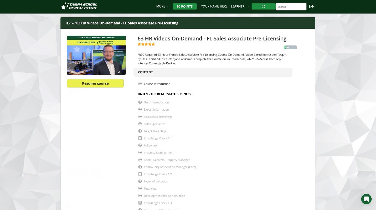 Instructor-Led 63 HR FL Real Estate License Class Online (Video Based) SLPRE-ONLINE learn.at.tsre.us