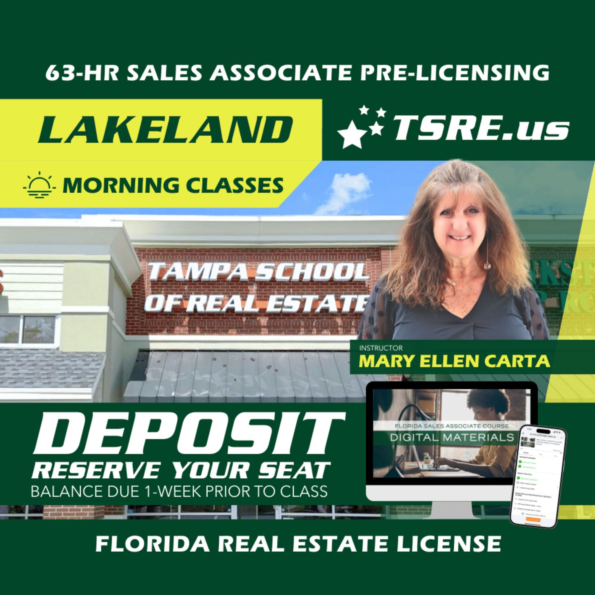 Lakeland | Jan 5 9:30am | 63-HR FL Real Estate Classes SLPRE TSRE Lakeland | Tampa School of Real Estate Deposit - Balance Due Prior to Class 