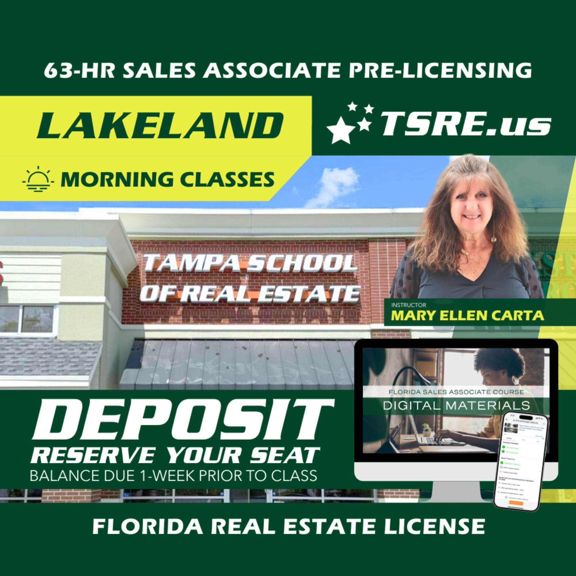 Lakeland | Jun 8 9:30am | 63-HR FL Real Estate Classes SLPRE TSRE Lakeland | Tampa School of Real Estate Deposit - Balance Due Prior to Class 