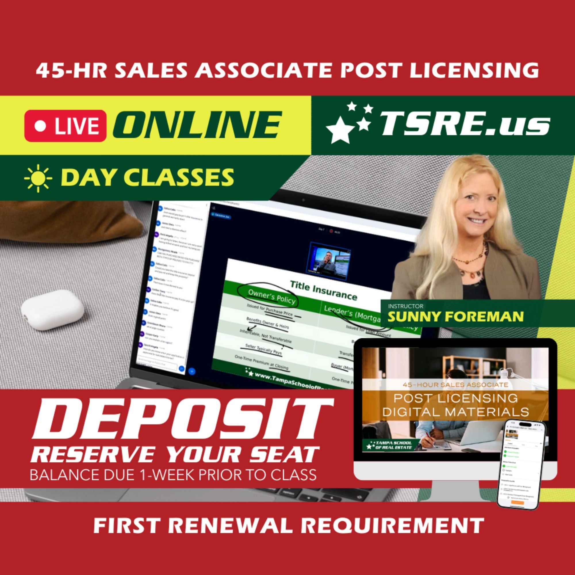 LIVE Online | Aug 31 9:00am | 45-HR FL Post Licensing Course SLPOST TSRE LIVE Online | Tampa School of Real Estate Deposit - Balance Due Prior to Class 