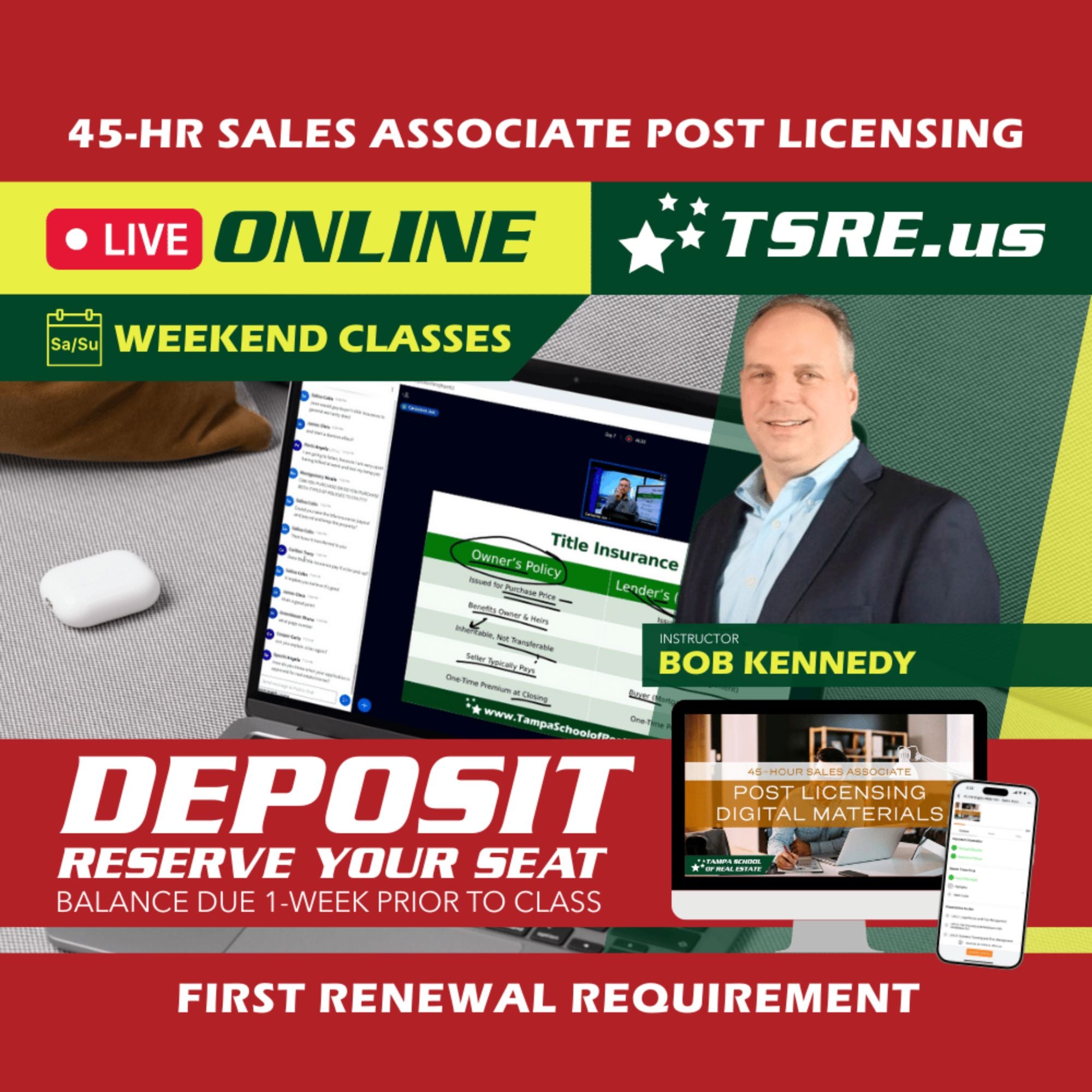 LIVE Online | Dec 6 8:30am | 45-HR FL Post Licensing Course SLPOST TSRE LIVE Online | Tampa School of Real Estate Deposit - Balance Due Prior to Class 