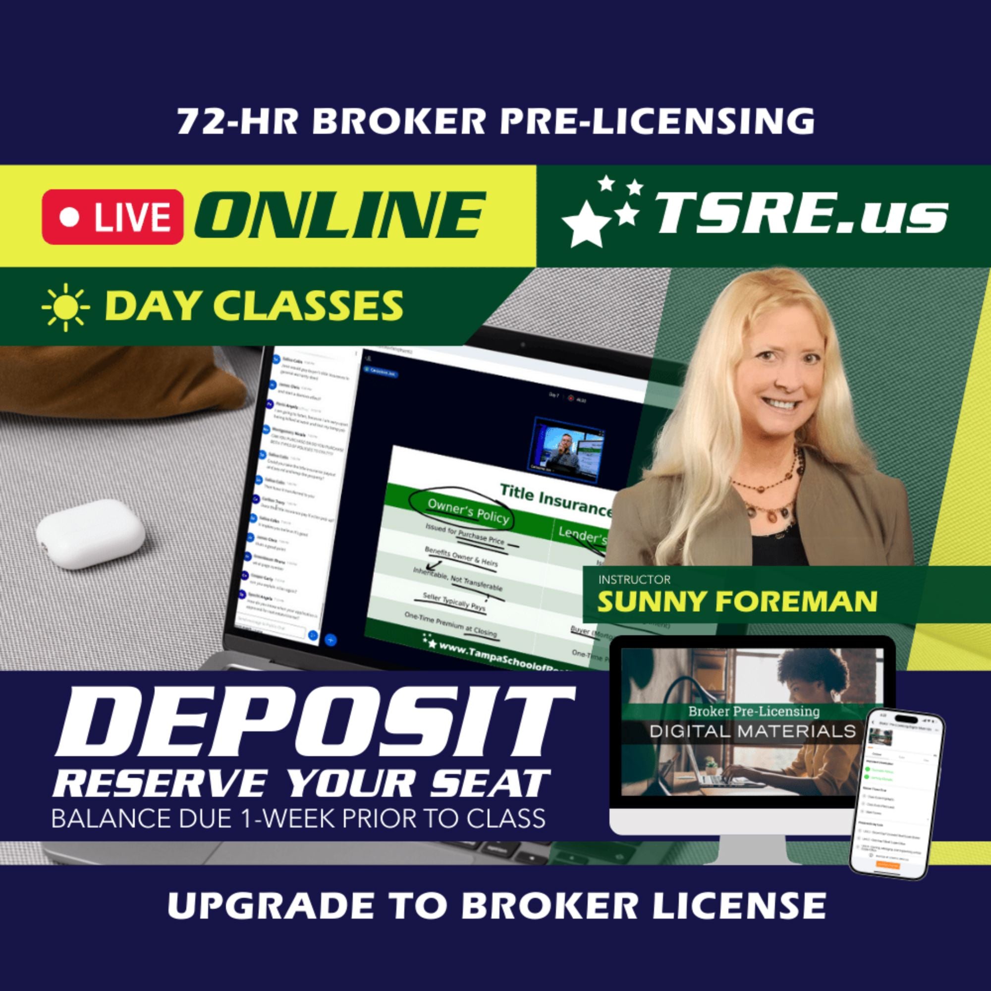 LIVE Online | Dec 8 9:00am | 72-HR FL Broker Pre-Licensing Classes BKPRE TSRE LIVE Online | Tampa School of Real Estate Deposit - Balance Due Prior to Class 