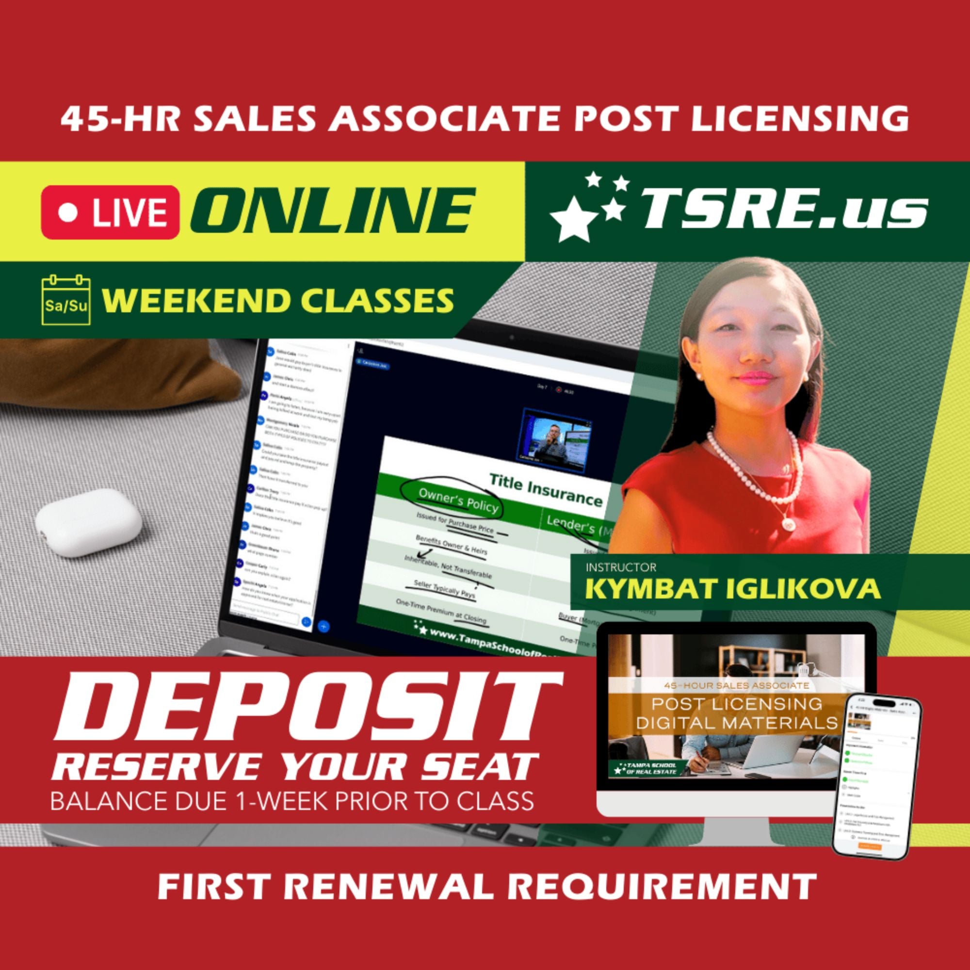 LIVE Online | Feb 21 8:30am | 45-HR FL Post Licensing Course SLPOST TSRE LIVE Online | Tampa School of Real Estate Deposit - Balance Due Prior to Class 