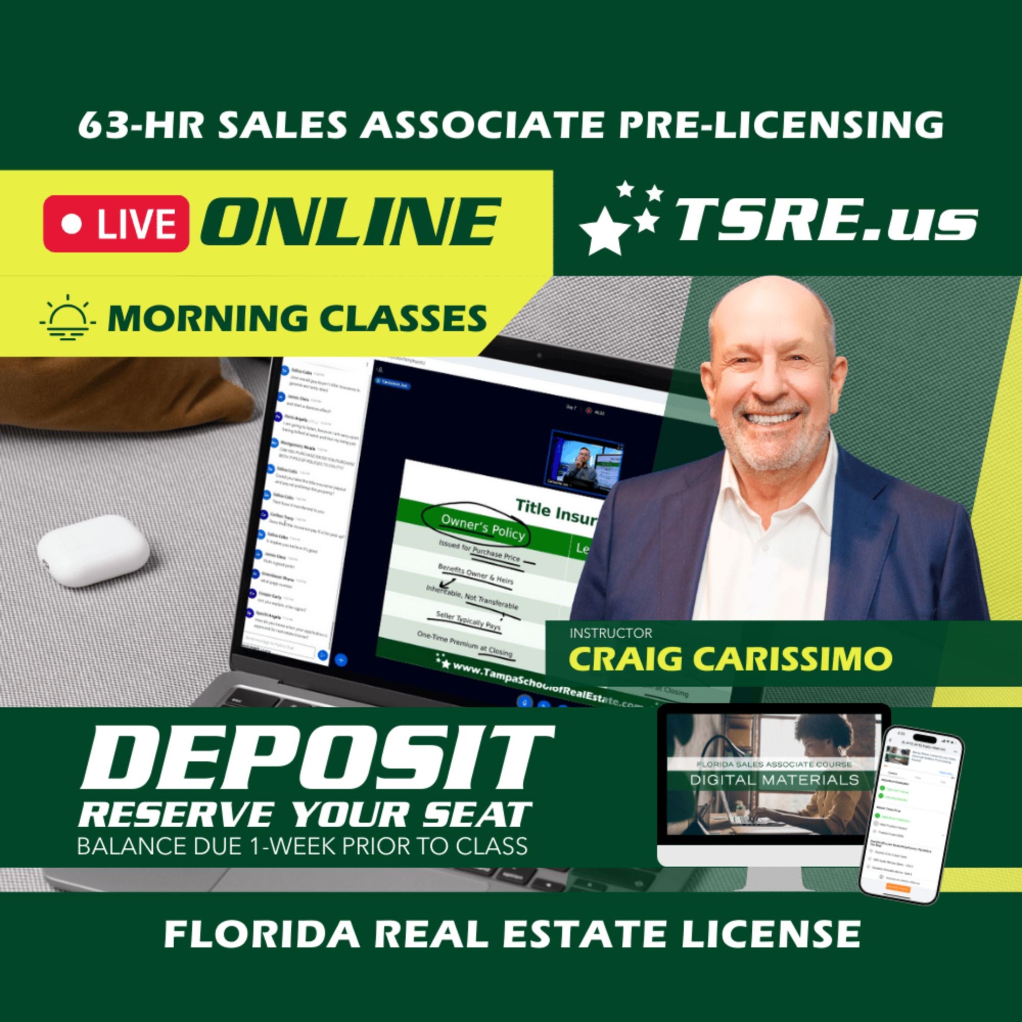 LIVE Online | Feb 23 9:15am | 63-HR FL Real Estate Classes SLPRE TSRE LIVE Online | Tampa School of Real Estate Deposit - Balance Due Prior to Class 