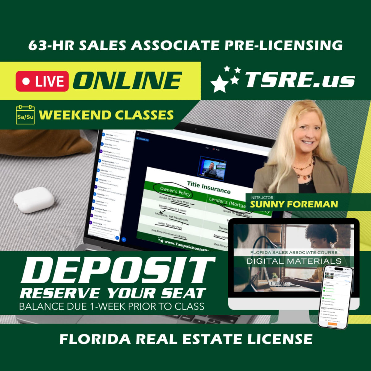 LIVE Online | Feb 6 9:00am | 63-HR FL Real Estate Classes SLPRE TSRE LIVE Online | Tampa School of Real Estate Deposit - Balance Due Prior to Class 