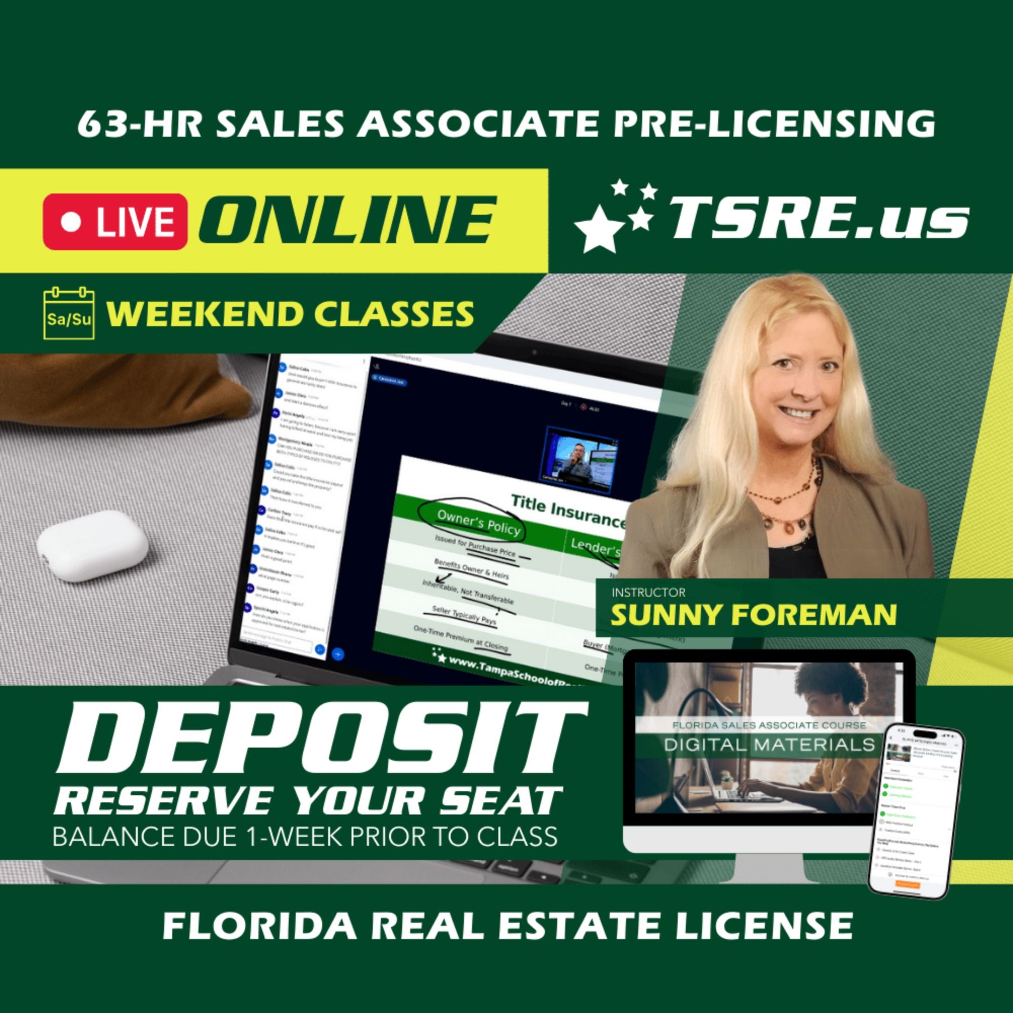 LIVE Online | Feb 7 9:00am | 63-HR FL Real Estate Classes SLPRE TSRE LIVE Online | Tampa School of Real Estate Deposit - Balance Due Prior to Class 