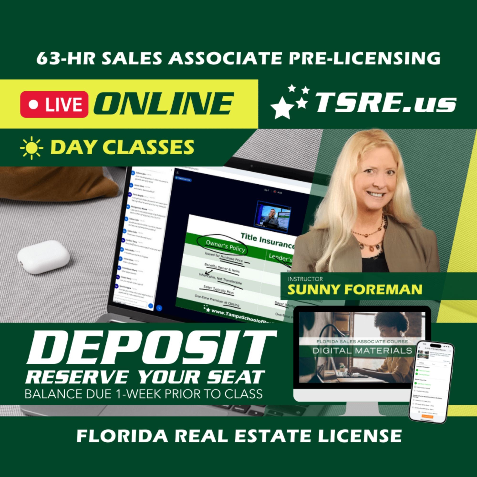 LIVE Online | Jan 19 9:00am | 63-HR FL Real Estate Classes SLPRE TSRE LIVE Online | Tampa School of Real Estate Deposit - Balance Due Prior to Class 