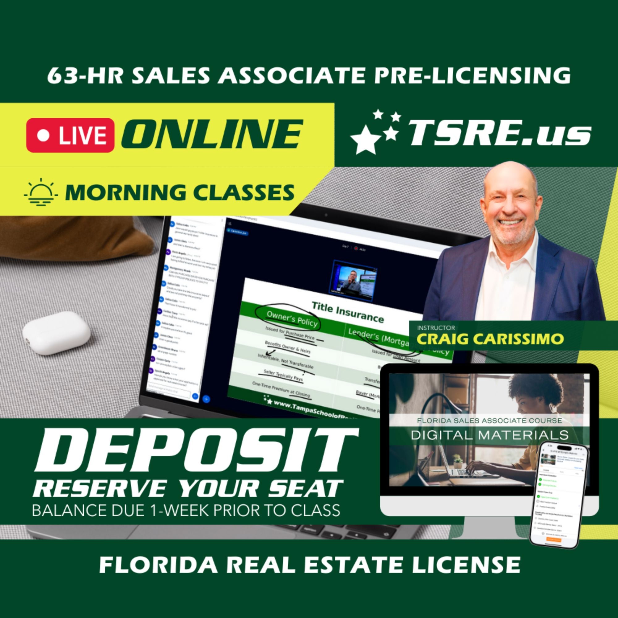 LIVE Online | Jun 1 9:15am | 63-HR FL Real Estate Classes SLPRE TSRE LIVE Online | Tampa School of Real Estate Deposit - Balance Due Prior to Class 