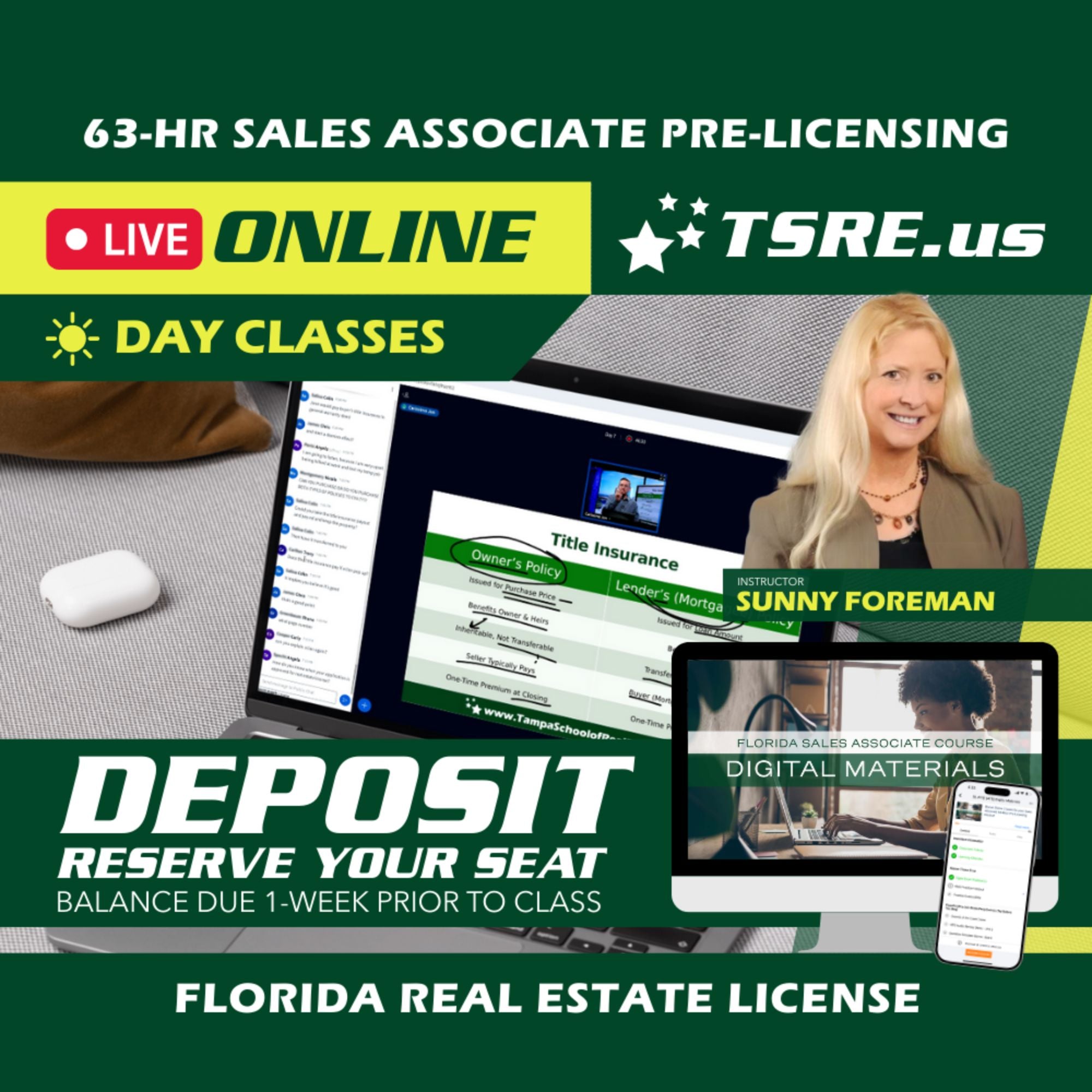LIVE Online | May 11 9:00am | 63-HR FL Real Estate Classes SLPRE TSRE LIVE Online | Tampa School of Real Estate Deposit - Balance Due Prior to Class 