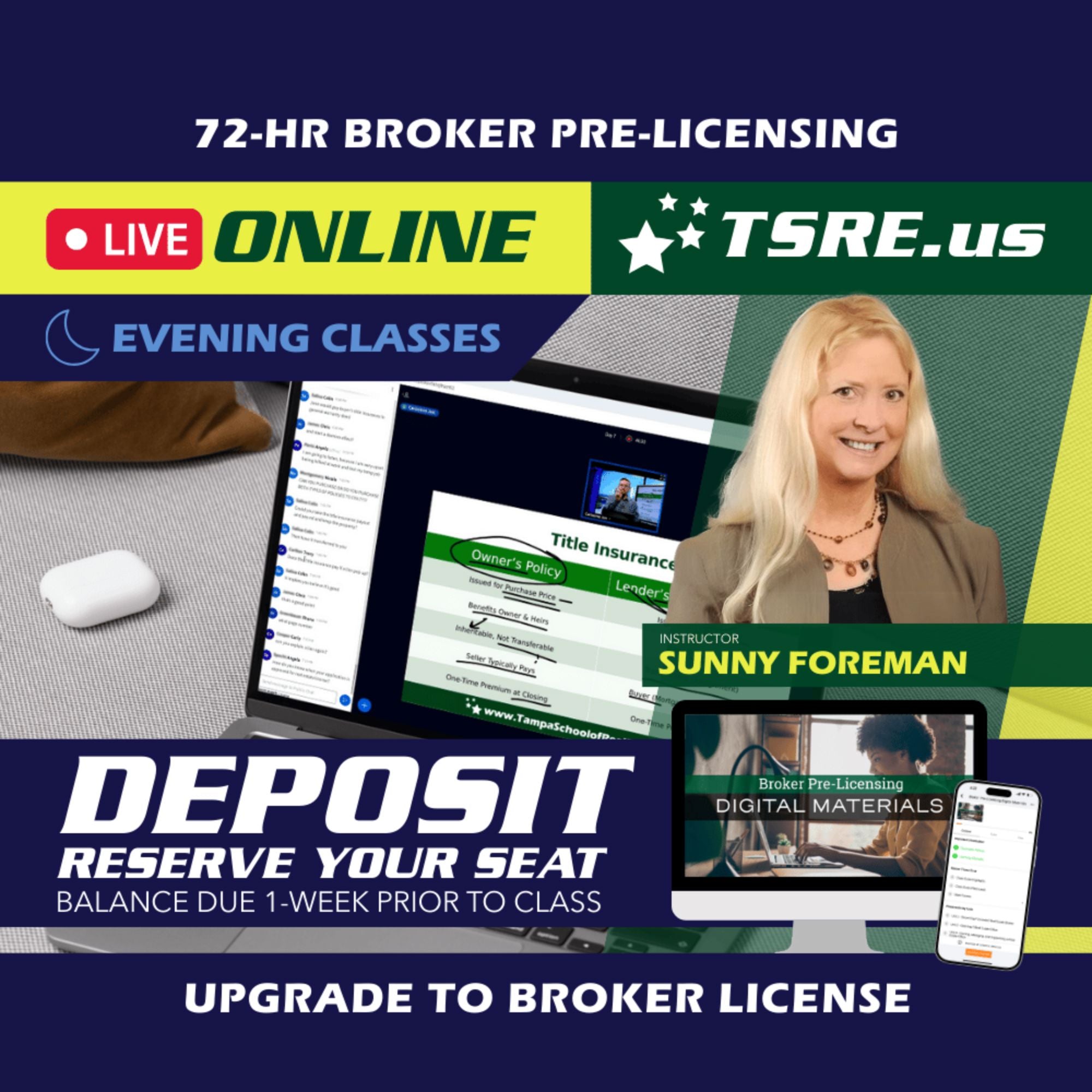 LIVE Online | Nov 3 6:00pm | 72-HR FL Broker Pre-Licensing Classes BKPRE TSRE LIVE Online | Tampa School of Real Estate Deposit - Balance Due Prior to Class 
