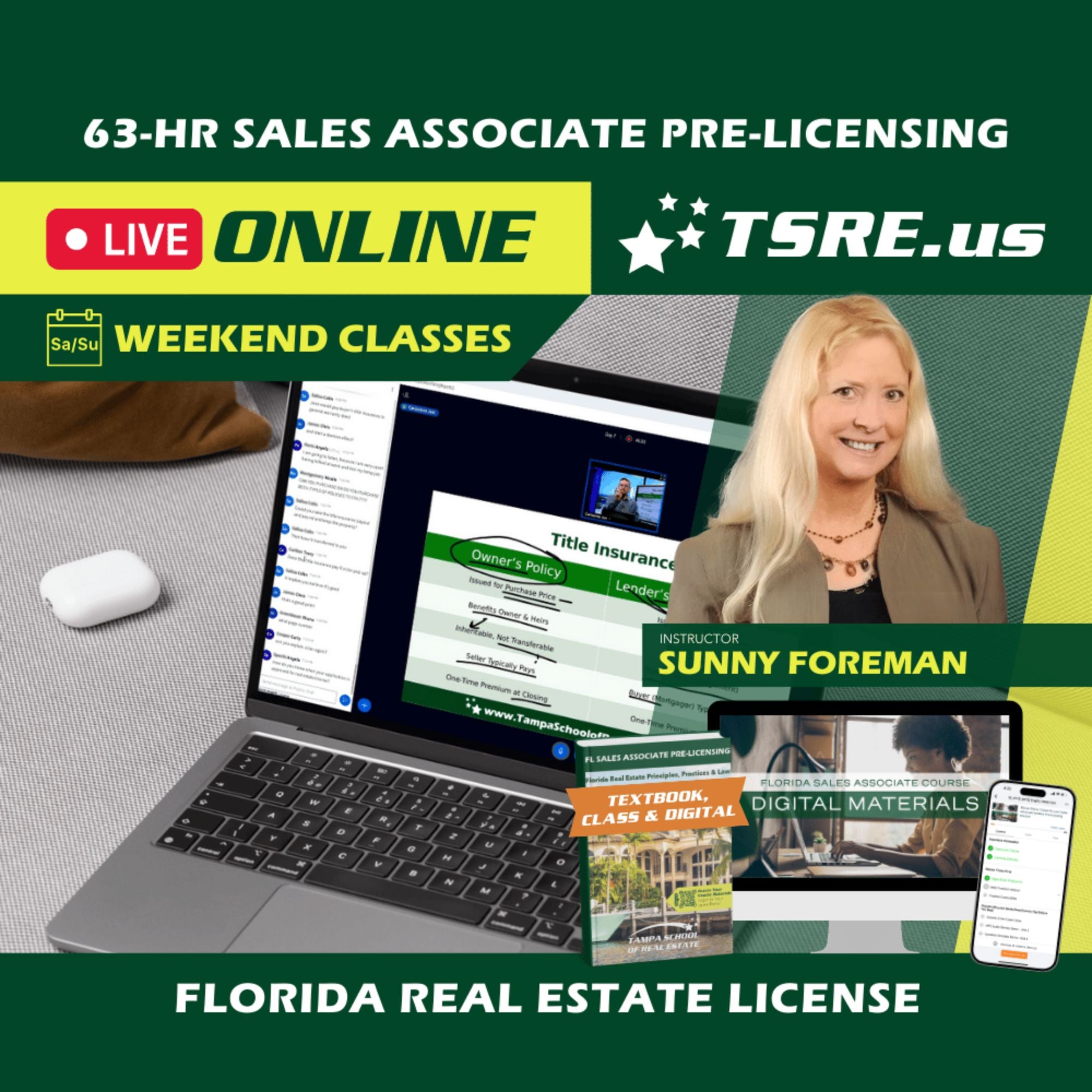 LIVE Online | Oct 18 9:15am | 63-HR FL Real Estate Classes SLPRE TSRE LIVE Online | Tampa School of Real Estate Full Tuition 