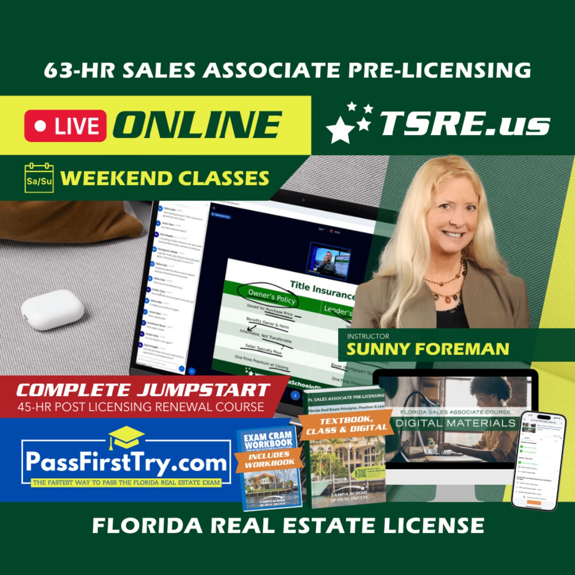 LIVE Online | Oct 18 9:15am | 63-HR FL Real Estate Classes SLPRE TSRE LIVE Online | Tampa School of Real Estate + Jumpstart: PassFirstTry & 45-HR Post Licensing 