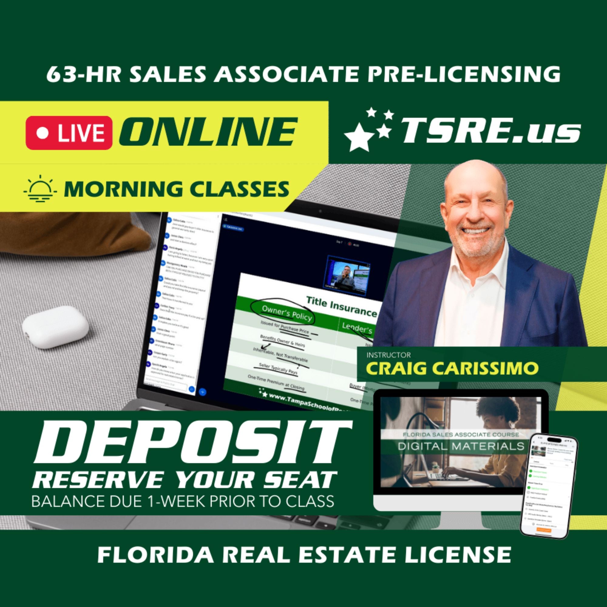 LIVE Online | Oct 27 9:15am | 63-HR FL Real Estate Classes SLPRE TSRE LIVE Online | Tampa School of Real Estate Deposit - Balance Due Prior to Class 