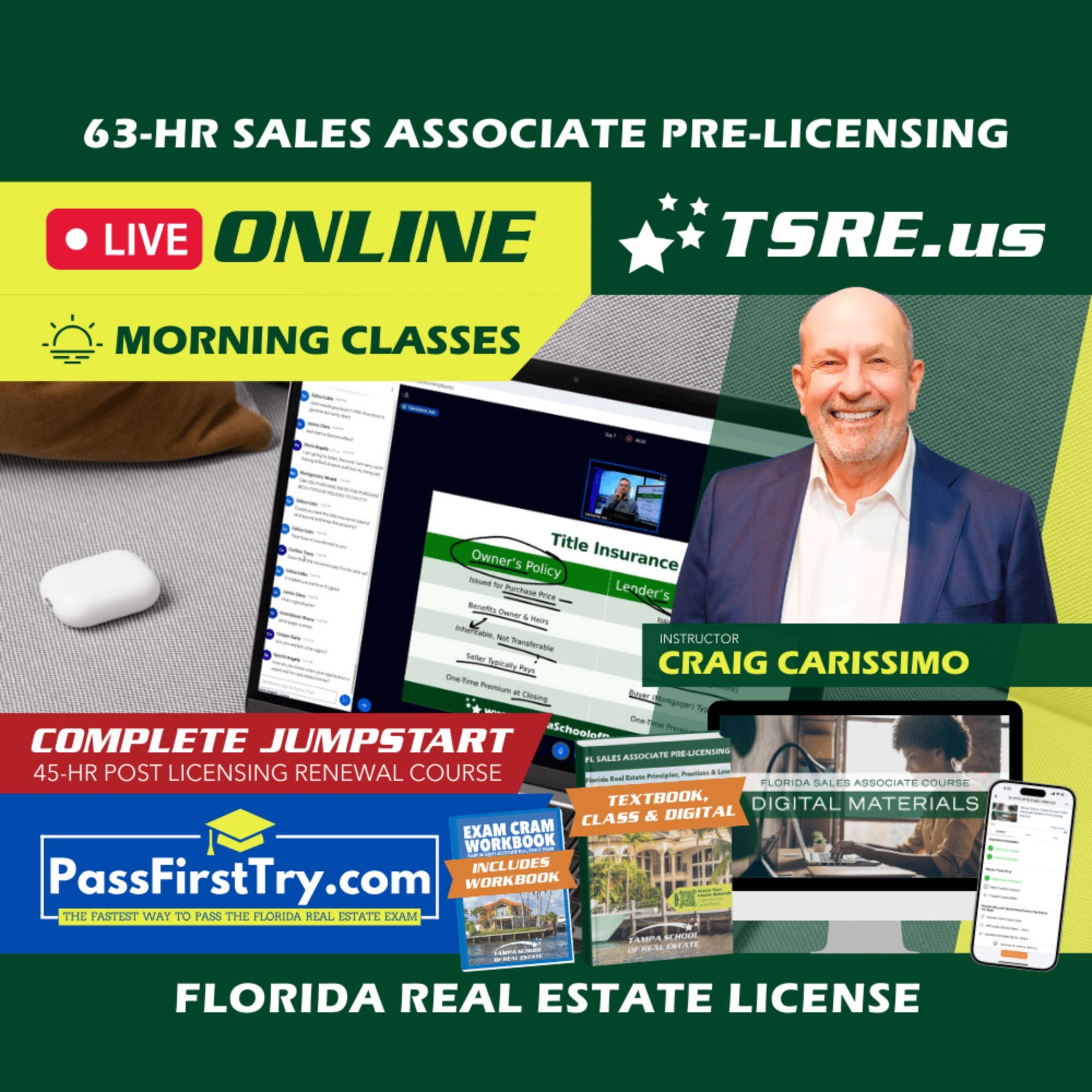 LIVE Online | Oct 27 9:15am | 63-HR FL Real Estate Classes SLPRE TSRE LIVE Online | Tampa School of Real Estate + Jumpstart: PassFirstTry & 45-HR Post Licensing 