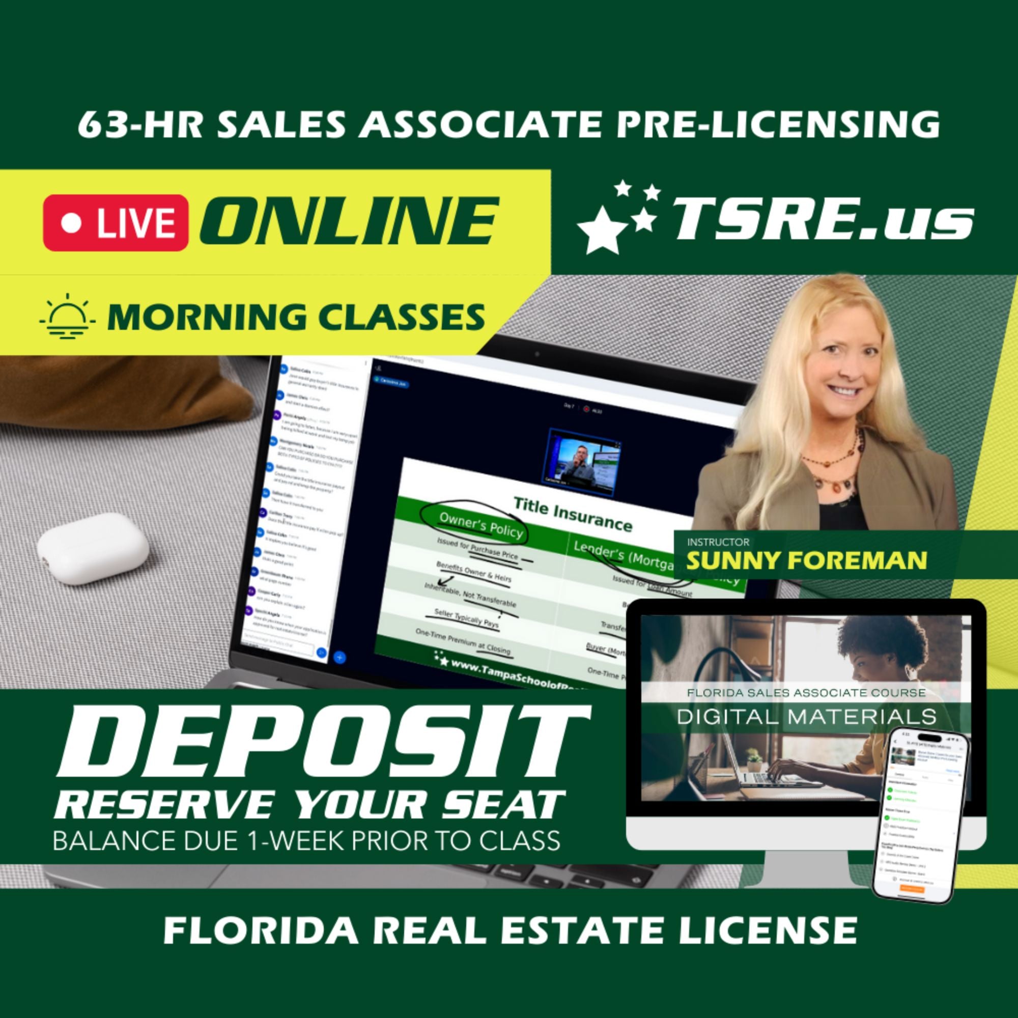 LIVE Online | Sep 14 9:00am | 63-HR FL Real Estate Classes SLPRE TSRE LIVE Online | Tampa School of Real Estate Deposit - Balance Due Prior to Class 