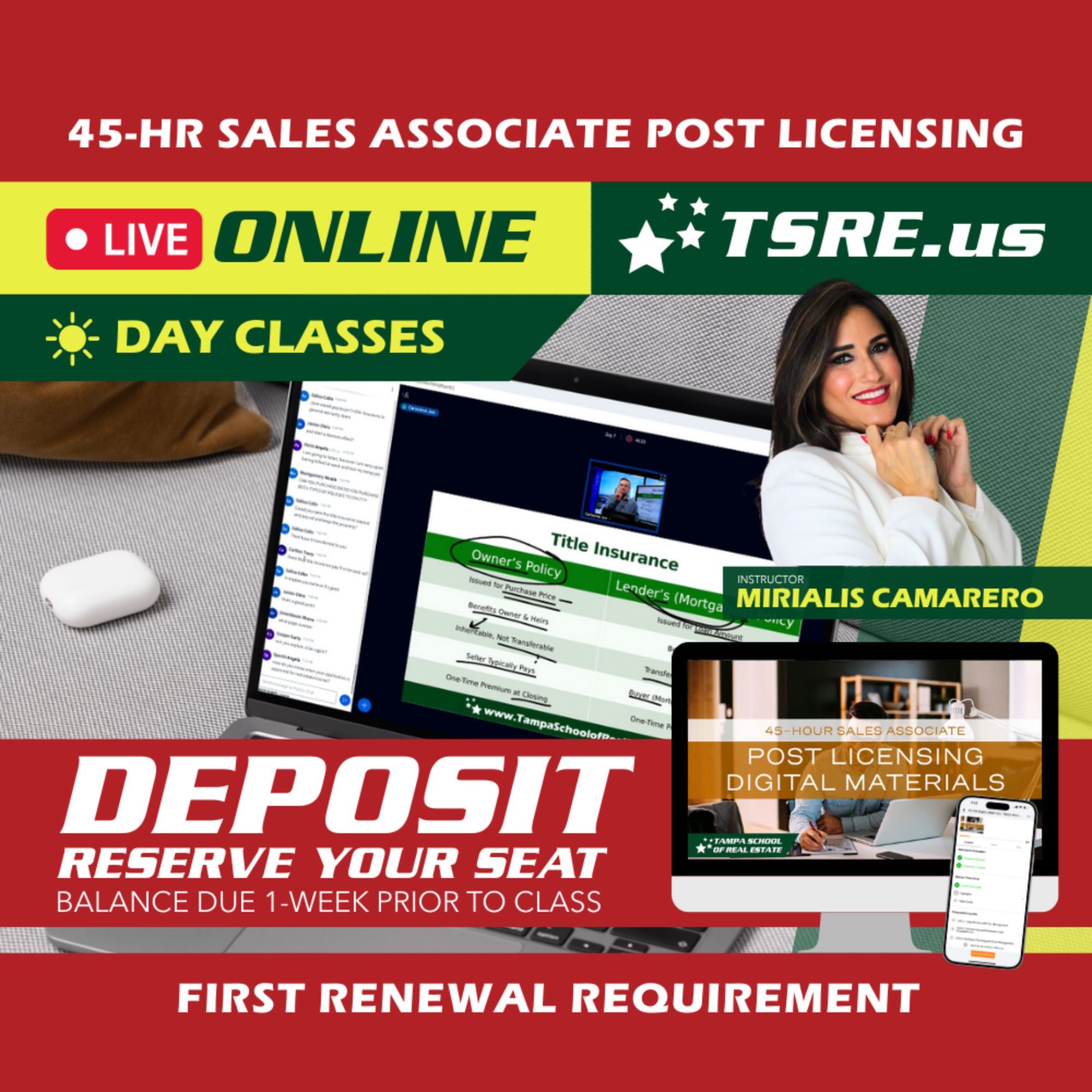LIVE Online | Sep 21 9:00am | 45-HR FL Post Licensing Course SLPOST TSRE LIVE Online | Tampa School of Real Estate Deposit - Balance Due Prior to Class 