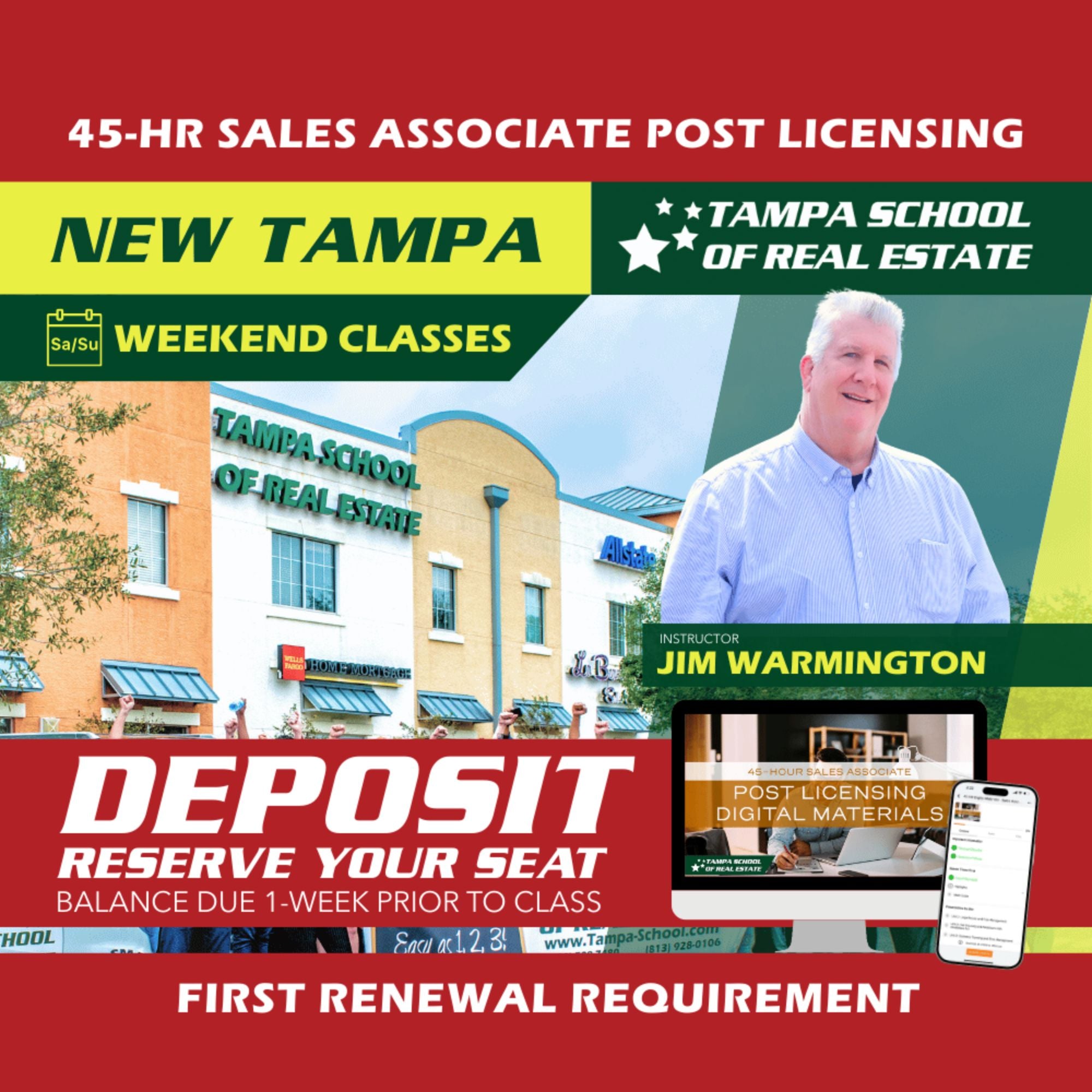 New Tampa | Jan 17 9:00am | 45-HR FL Post Licensing Course SLPOST TSRE New Tampa | Tampa School of Real Estate Deposit - Balance Due Prior to Class 