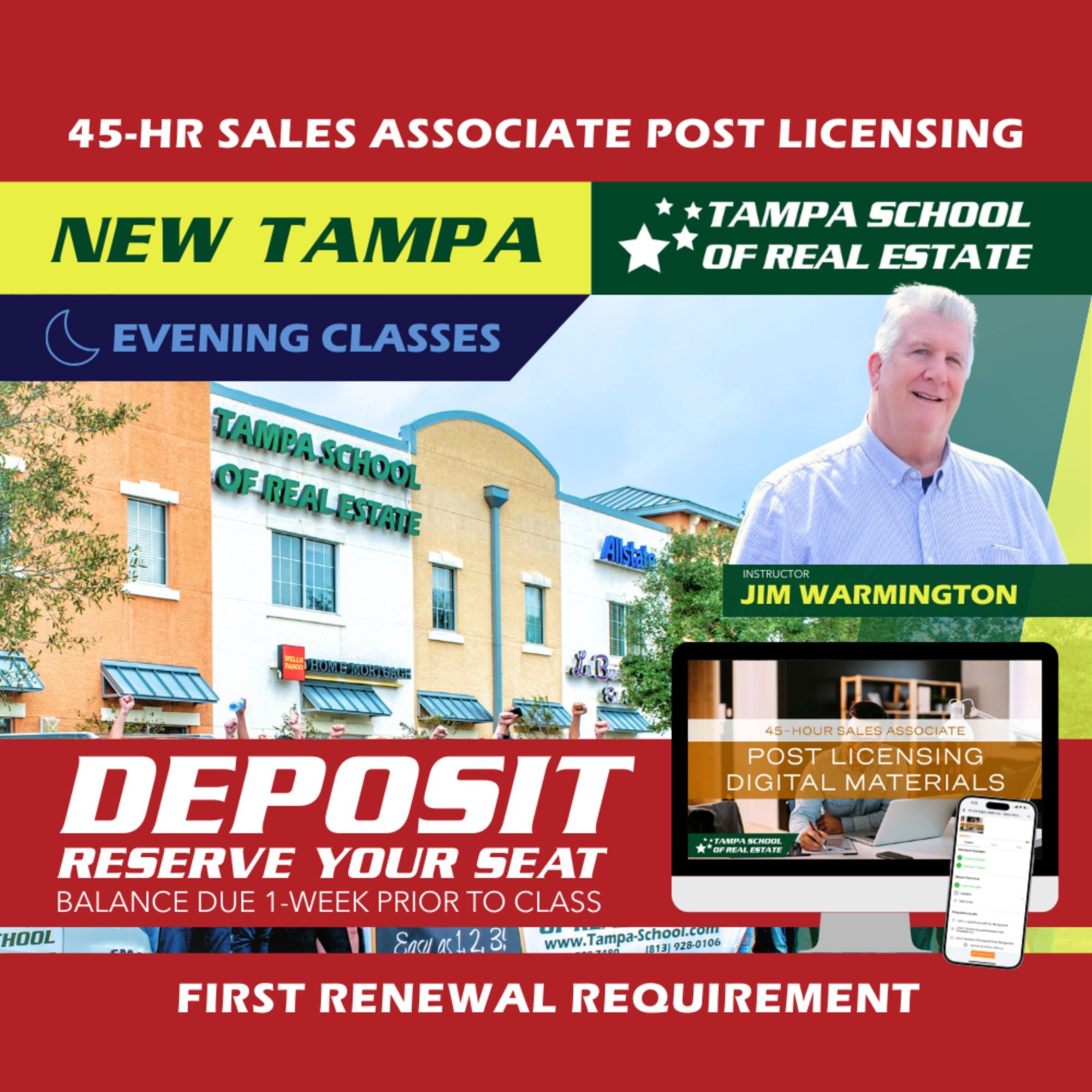 New Tampa | Jul 20 6:00pm | 45-HR FL Post Licensing Course SLPOST TSRE New Tampa | Tampa School of Real Estate Deposit - Balance Due Prior to Class 