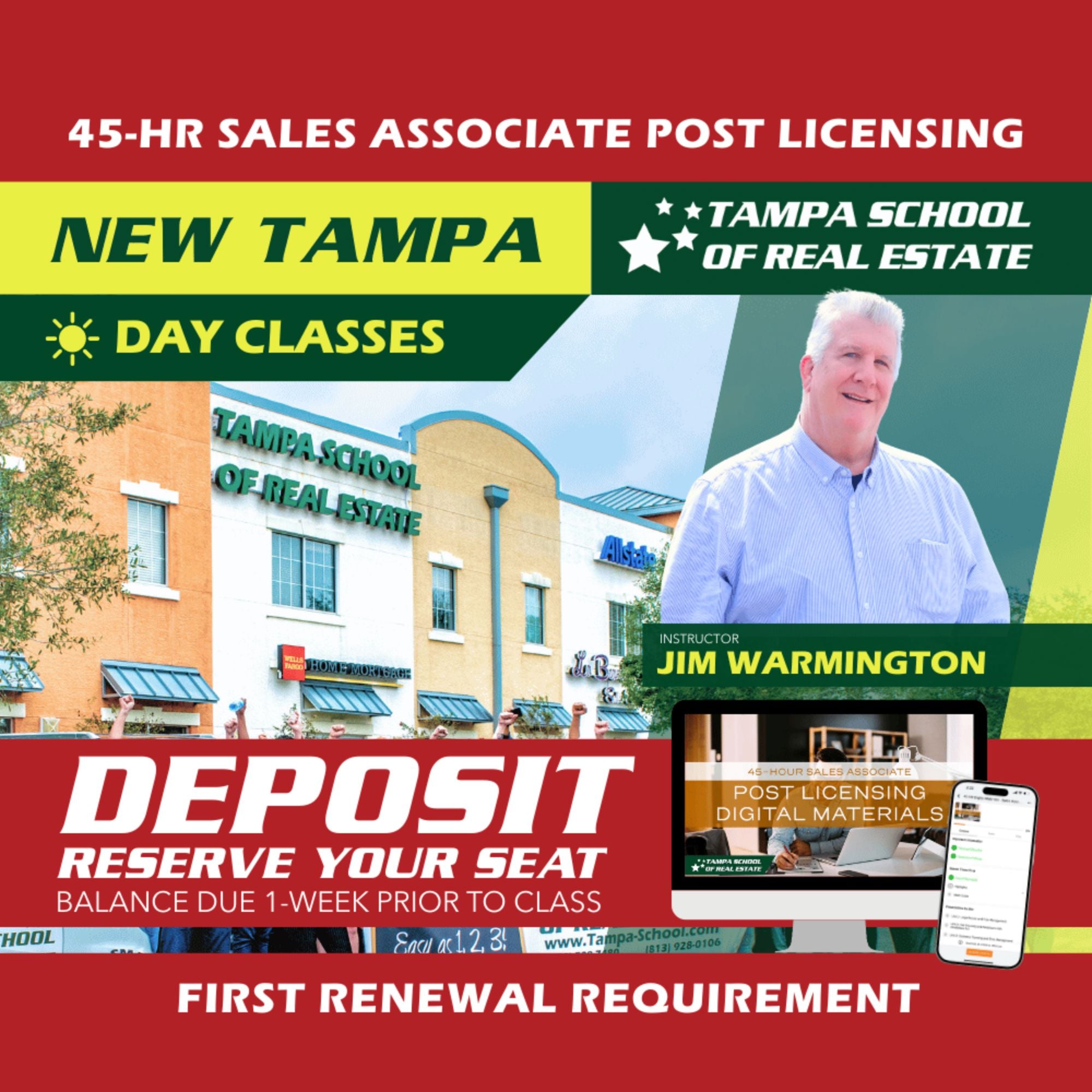 New Tampa | Mar 23 8:30am | 45-HR FL Post Licensing Course SLPOST TSRE New Tampa | Tampa School of Real Estate Deposit - Balance Due Prior to Class 