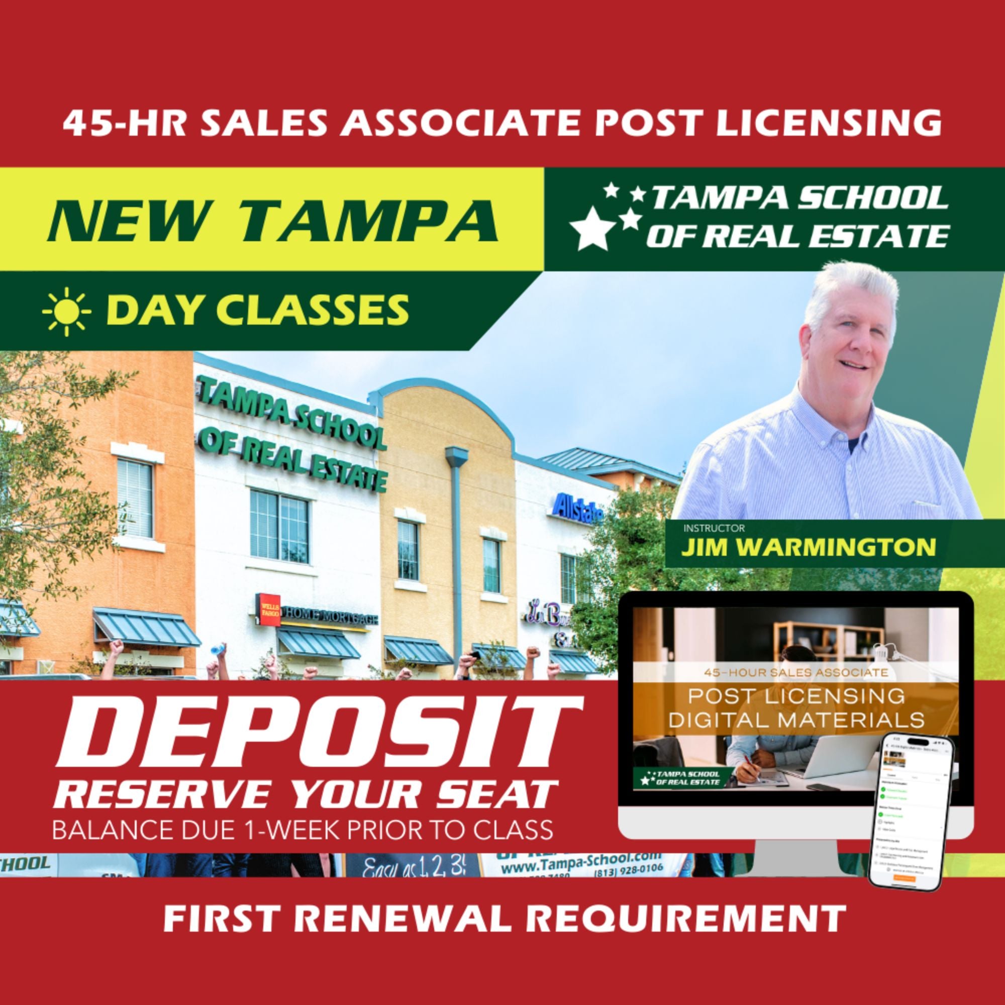 New Tampa | May 18 9:00am | 45-HR FL Post Licensing Course SLPOST TSRE New Tampa | Tampa School of Real Estate Deposit - Balance Due Prior to Class 