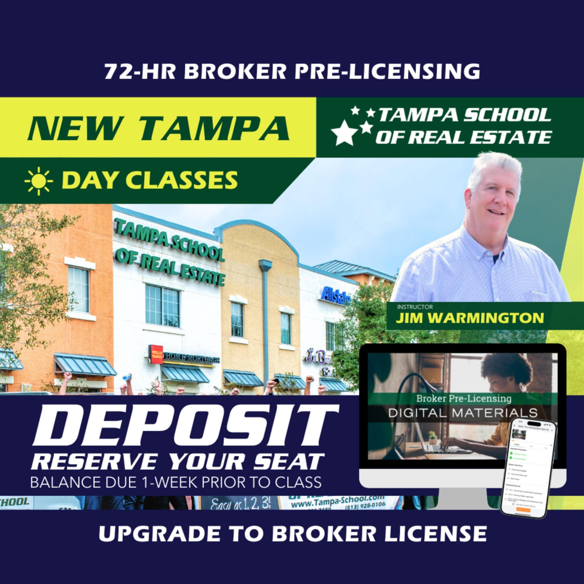 New Tampa | Sep 28 9:00am | 72-HR FL Broker Pre-Licensing Classes BKPRE TSRE New Tampa | Tampa School of Real Estate Deposit - Balance Due Prior to Class 