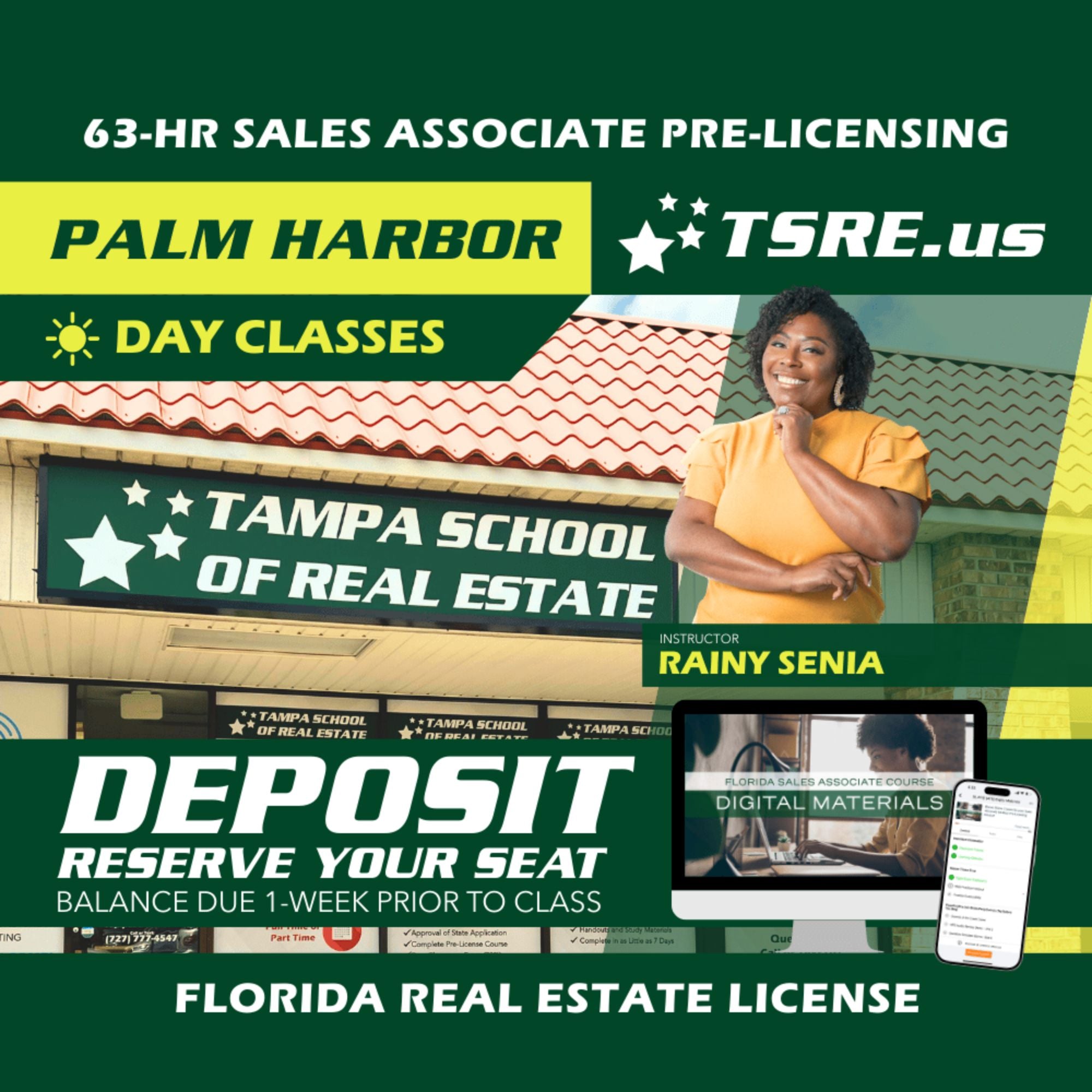 Palm Harbor | Dec 1 8:30am | 63-HR FL Real Estate Classes SLPRE TSRE Palm Harbor | Tampa School of Real Estate Deposit - Balance Due Prior to Class 
