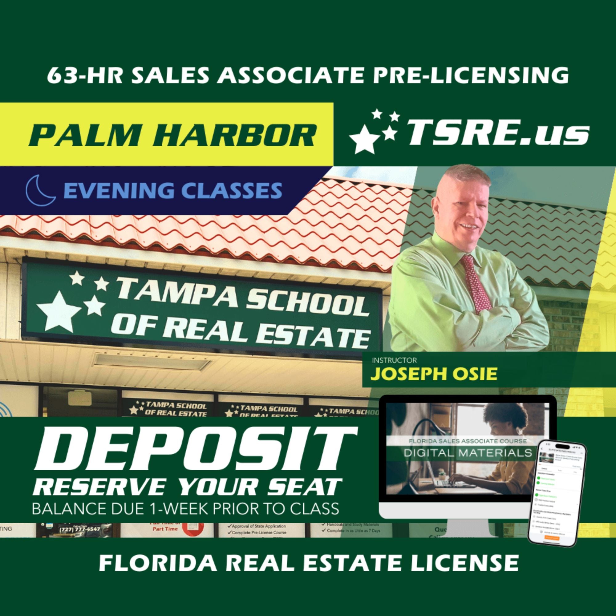 Palm Harbor | Jan 13 6:30pm | 63-HR FL Real Estate Classes SLPRE TSRE Palm Harbor | Tampa School of Real Estate Deposit - Balance Due Prior to Class 