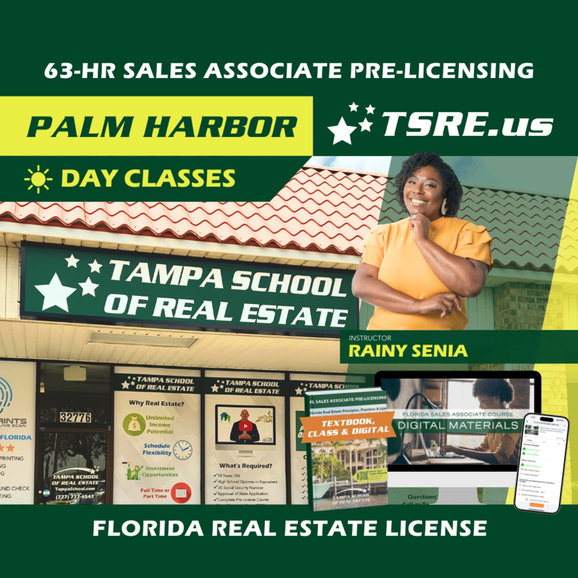 Palm Harbor | Oct 13 9:00am | 63-HR FL Real Estate Classes SLPRE TSRE Palm Harbor | Tampa School of Real Estate Full Tuition 
